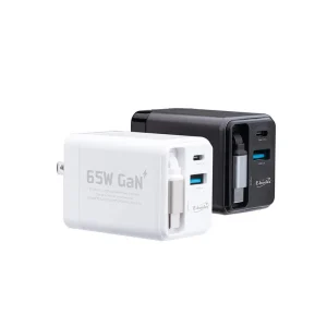 一黑一白兩款 65W 氮化鎵 (GaN) 摺疊式快充充電器，展示其輕便體積與多口輸出設計，適用於 2026 年多裝置快充選購指南的視覺呈現。